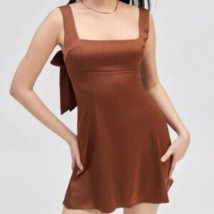 Urban Outfitters Bri Double Bow Brown Satin Dress